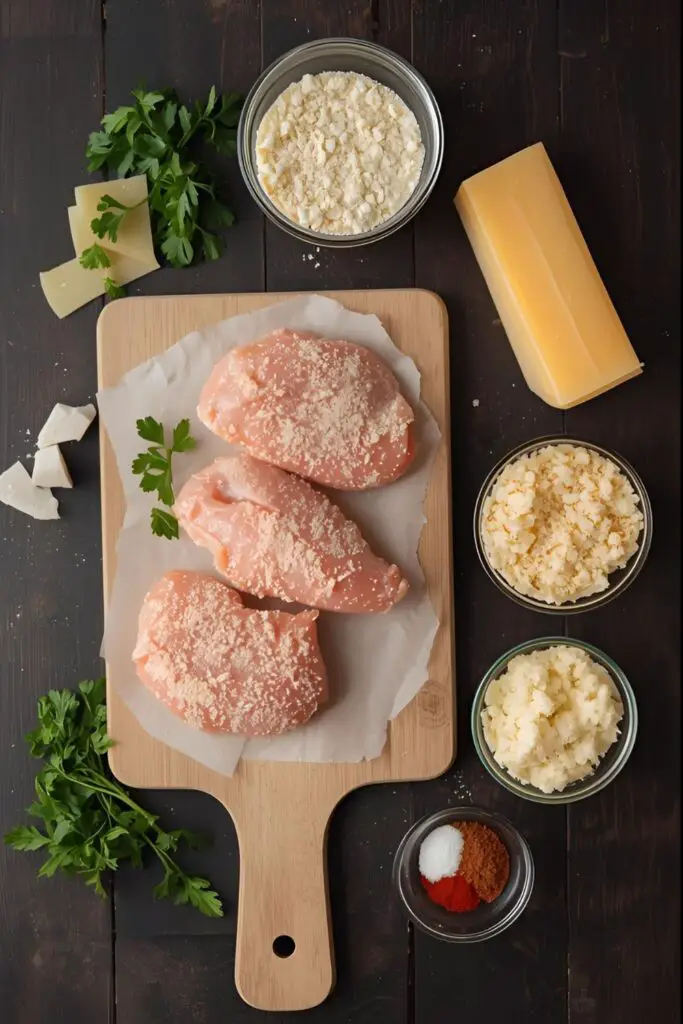 A flat lay of ingredients for Longhorn Parmesan Crusted Chicken, including chicken breasts, ranch, Panko, and Parmesan.