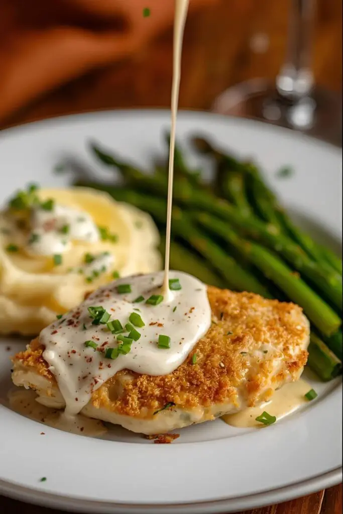 A close-up of a sliced parmesan crusted chicken breast next to a fully plated meal of the same dish.