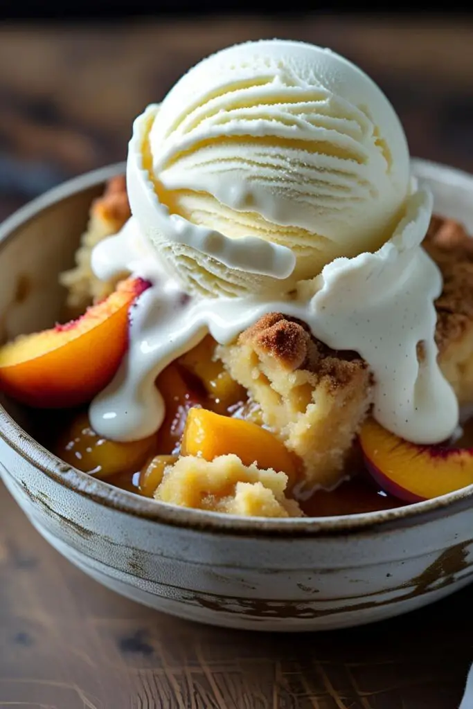 A delicious serving of warm peach cobbler dump cake topped with a melting scoop of vanilla ice cream.