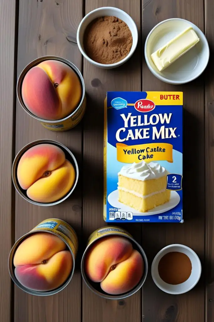 A flat lay of ingredients for peach cobbler dump cake: two cans of peaches, a box of yellow cake mix, two sticks of butter, and a small bowl of cinnamon on a wooden surface.