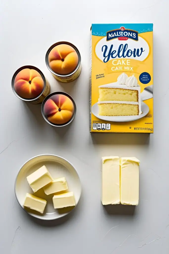  The simple 3 ingredients needed to make a peach cobbler dump cake: canned peaches, yellow cake mix, and butter.

