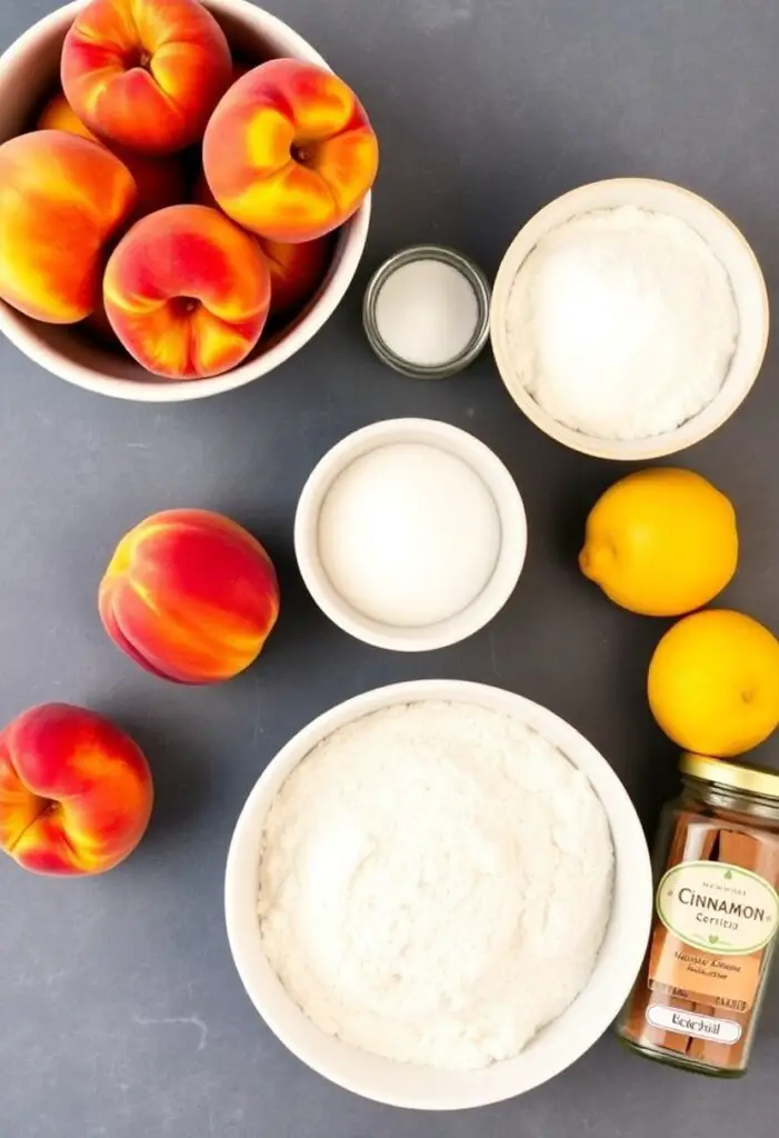 A bright and fresh flat lay collage of ingredients for peach cobbler: fresh, ripe peaches, a bowl of flour, sugar, a stick of butter, a lemon, and a jar of cinnamon.