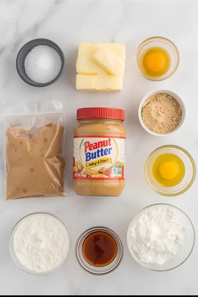 All the essential ingredients for making homemade peanut butter cookies.