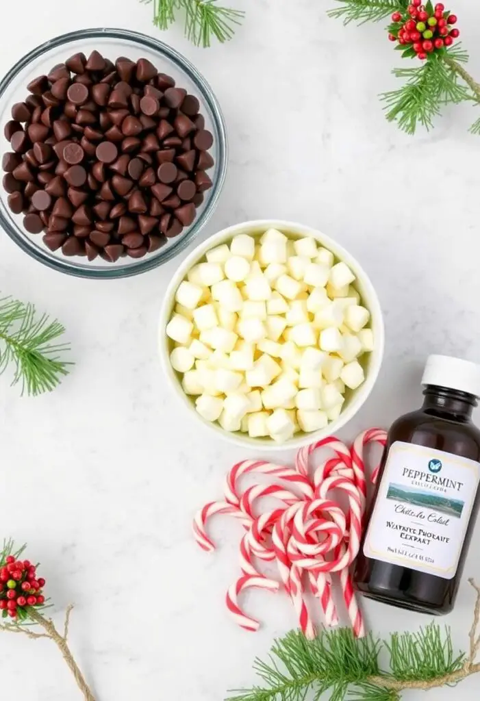 A festive flat lay collage of ingredients for peppermint bark: a bowl of dark chocolate chips, a bowl of white chocolate chips, a pile of crushed candy canes, and a bottle of peppermint extract.

