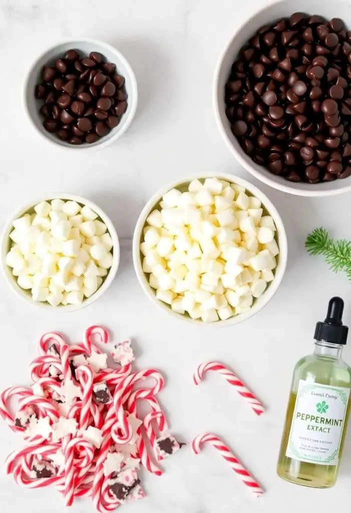  A festive flat lay collage of ingredients for peppermint bark: a bowl of dark chocolate chips, a bowl of white chocolate chips, a pile of crushed candy canes, and a bottle of peppermint extract.