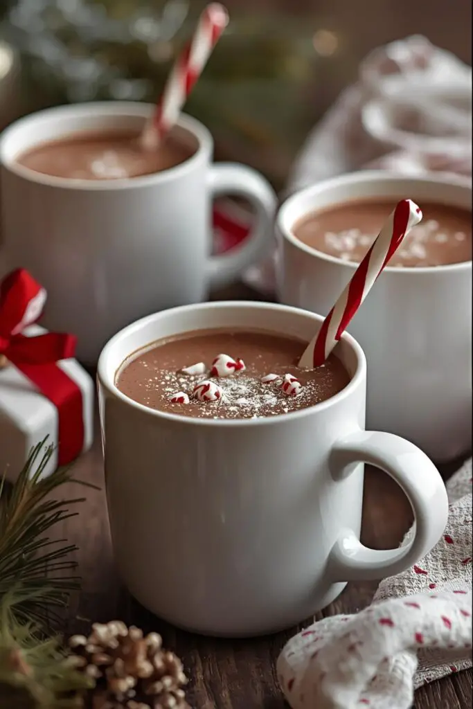 Festive Peppermint Spoons in Mugs of Hot Cocoa