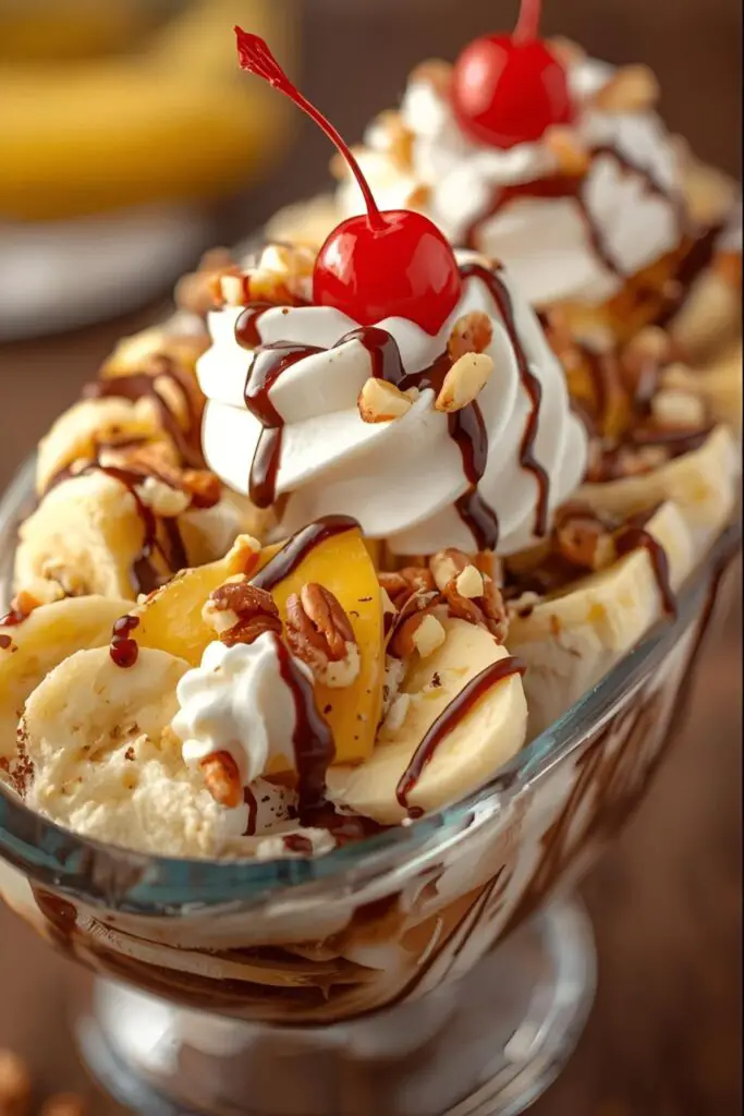 A close-up, detailed shot of a perfectly assembled banana split, highlighting the different textures and colorful toppings.