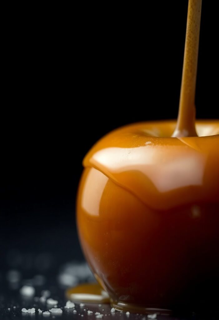 An extreme close-up, macro shot of a finished caramel apple, highlighting the glossy, smooth texture of the set caramel and a sprinkle of flaky sea salt on top.