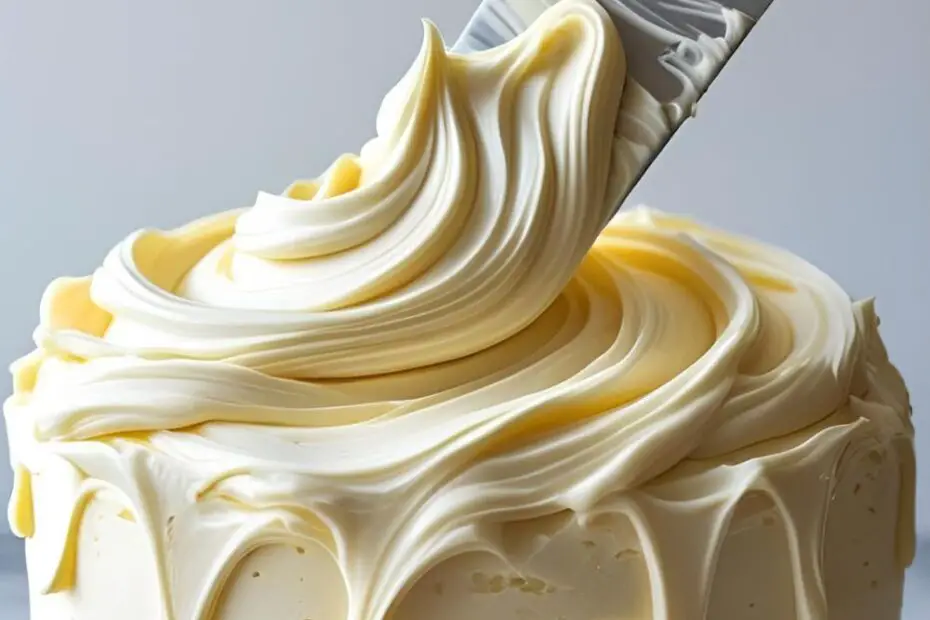 An offset spatula spreading a thick, smooth layer of cream cheese icing onto a carrot cake.