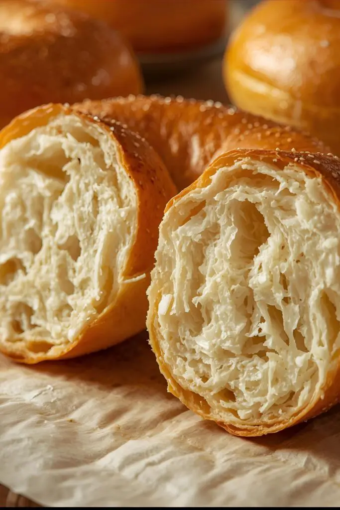 A close-up, appetizing shot of a homemade bagel, sliced in half, showing its dense, chewy interior and golden, crispy crust