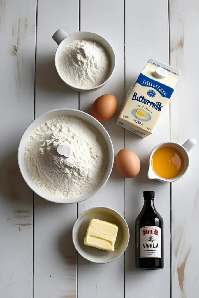 A flat lay of the ingredients for perfect buttermilk pancakes, including flour, buttermilk, eggs, and melted butter.