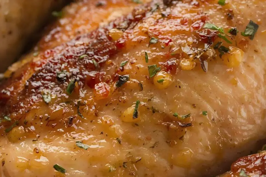 A beautifully roasted chicken breast on a platter with the text "Perfect Roasted Chicken Breast."
