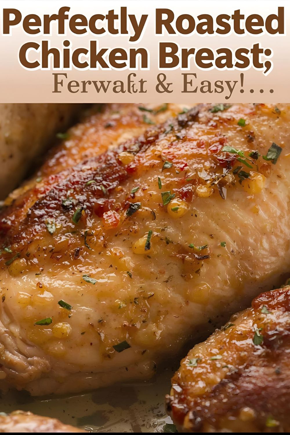 A beautifully roasted chicken breast on a platter with the text "Perfect Roasted Chicken Breast."