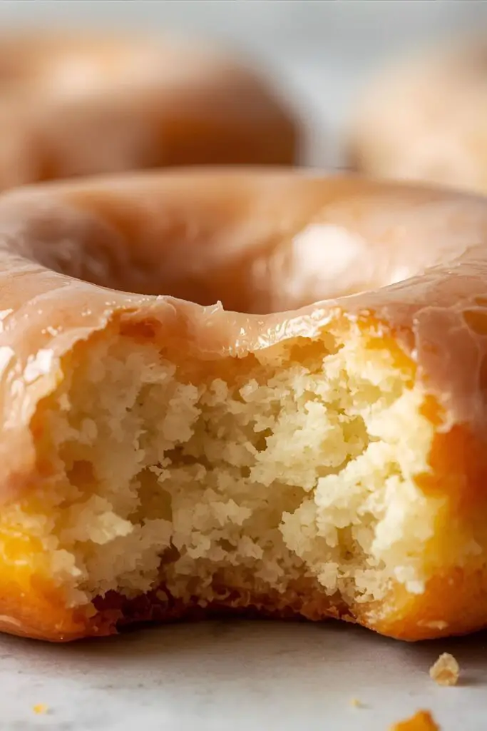 A mouth-watering close-up, macro shot of a single homemade donut with a perfect, glistening glaze, showing its fluffy texture.