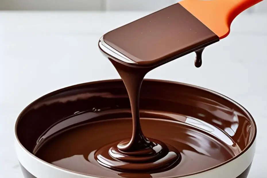 A silicone spatula stirring a bowl of perfectly smooth and glossy melted chocolate.