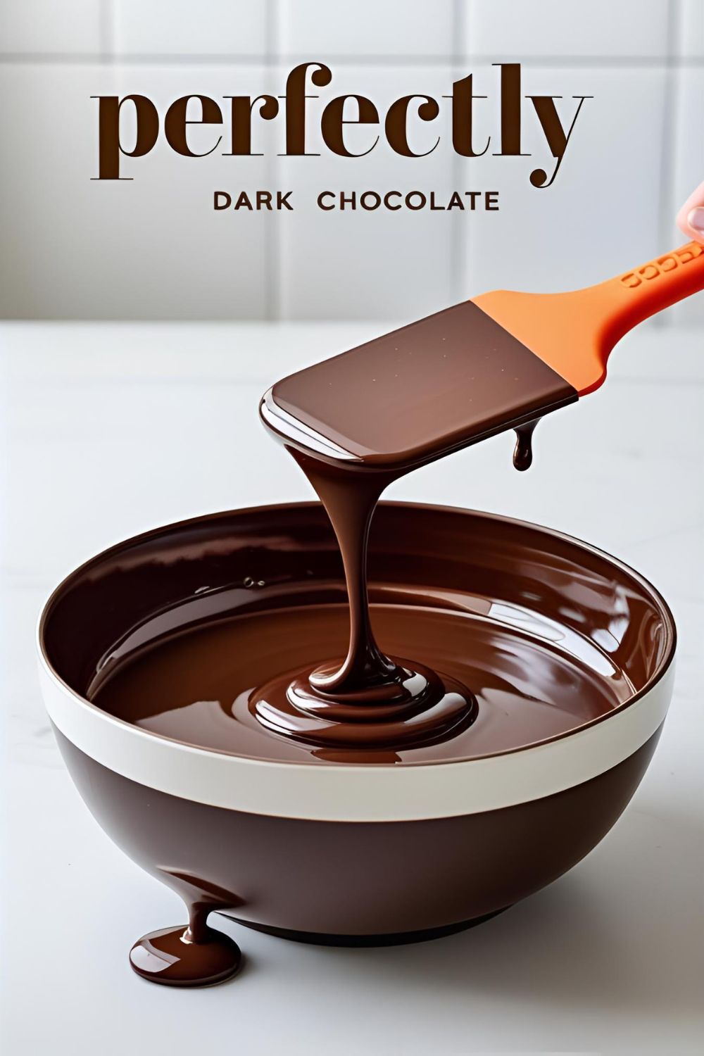 A silicone spatula stirring a bowl of perfectly smooth and glossy melted chocolate.