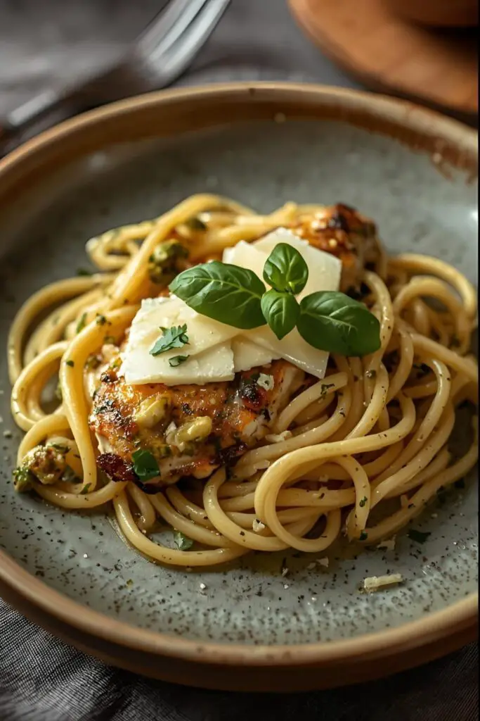 A close-up of a fork twirling pesto chicken pasta in a bowl, and a wider shot of a serving plate.