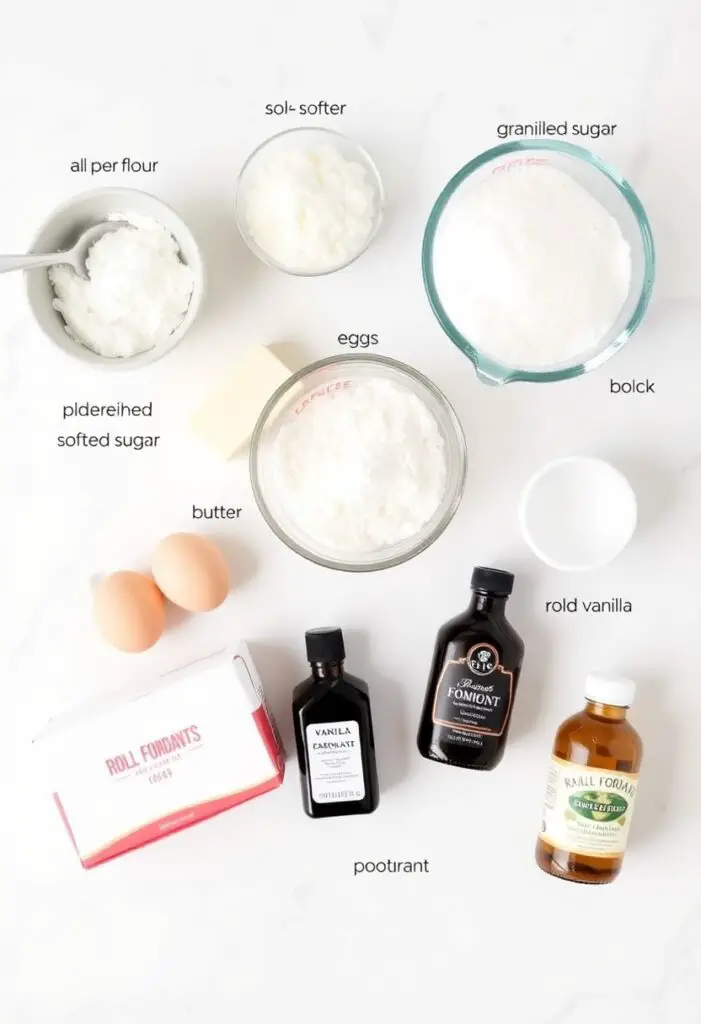 A flat lay of the ingredients needed to make petite fours: flour, butter, sugar, eggs, fondant, and vanilla.
