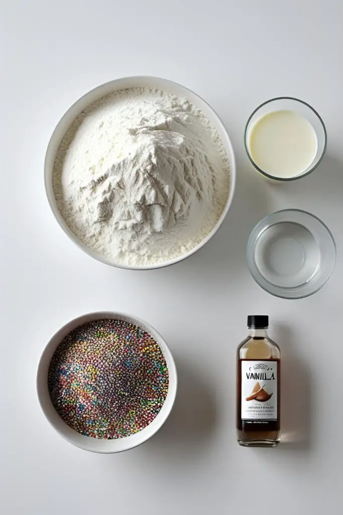 A clean, organized flat-lay of ingredients for a funfetti cake, including flour, buttermilk, clear vanilla extract, and rainbow jimmies.