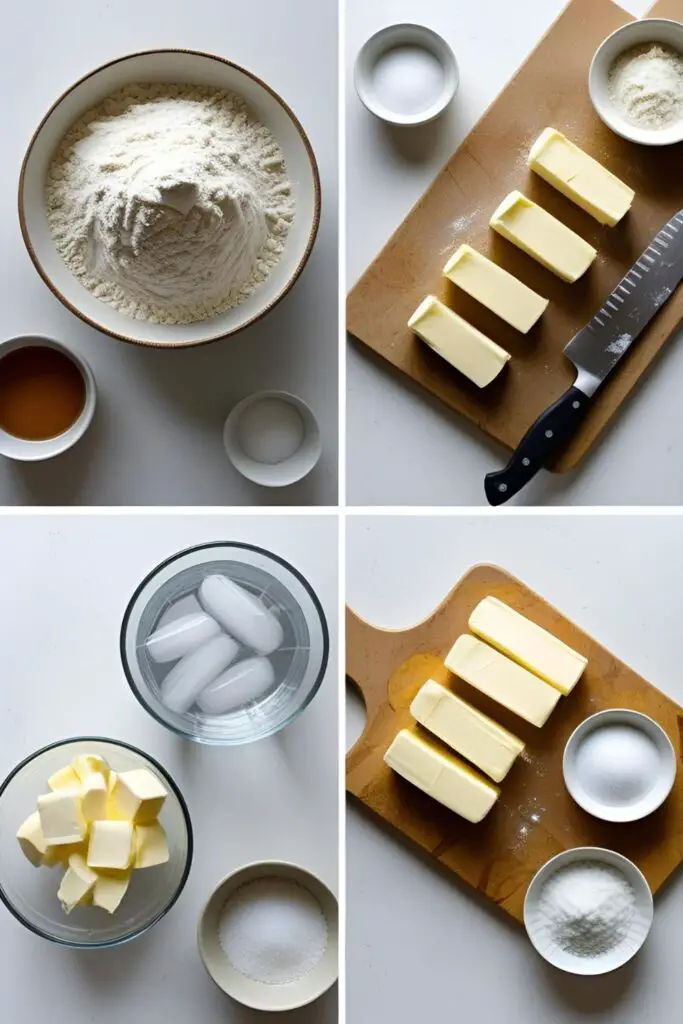 The simple ingredients for making homemade pie dough: flour, cold butter, ice water, salt, and sugar.