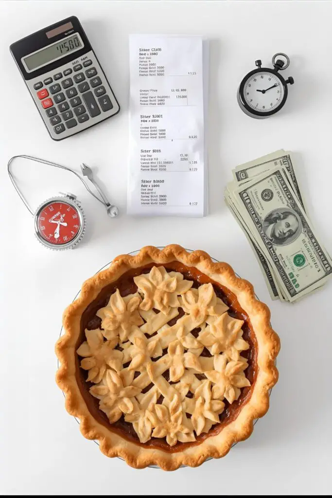  A flat lay of items for pricing pies: a calculator, receipts, a whole pie, a timer, and some US dollar bills.