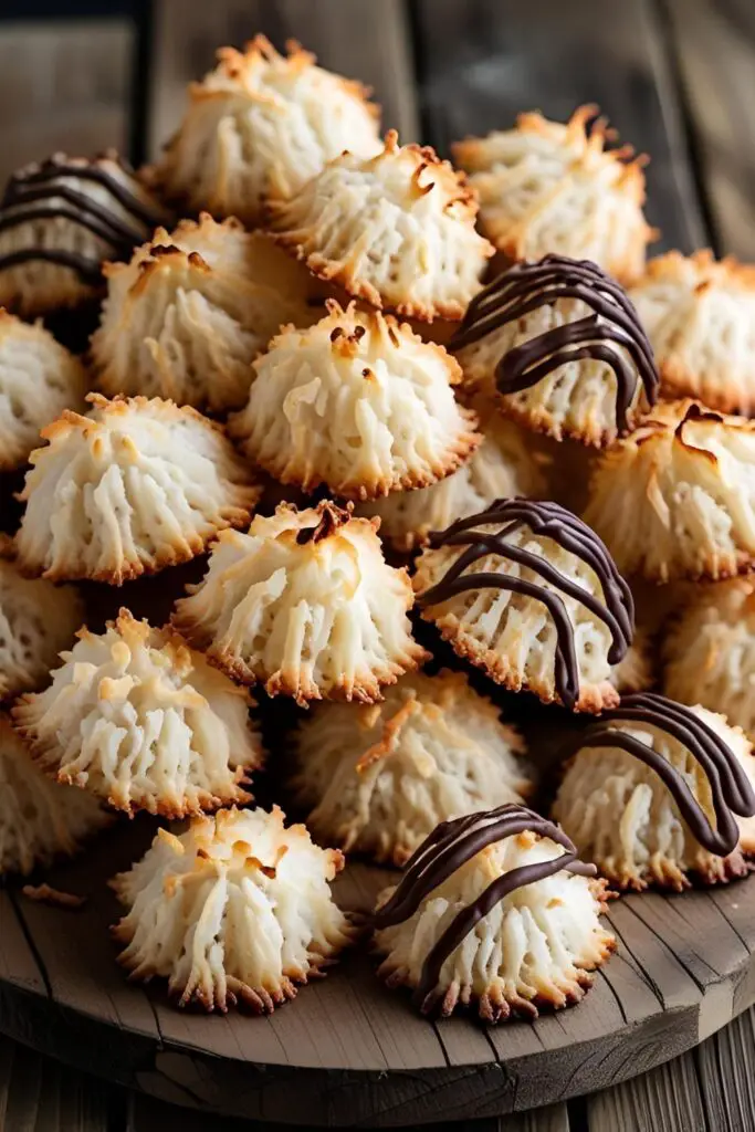 A delicious pile of homemade golden-brown coconut macaroons, some plain and some drizzled with chocolate.