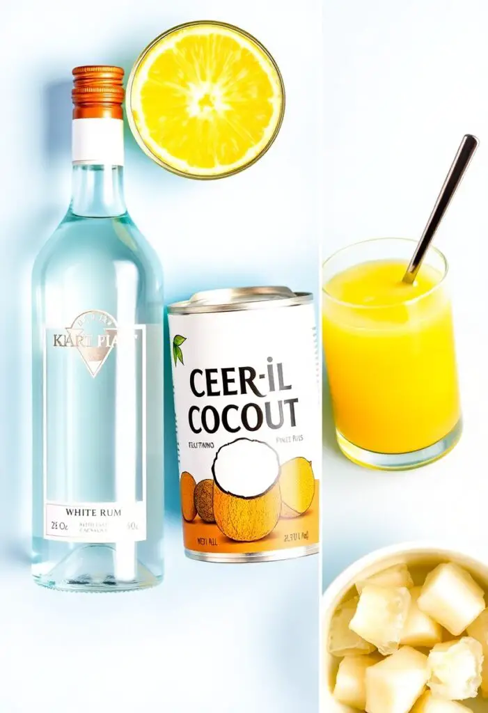 The simple ingredients needed to make a delicious Piña Colada: white rum, cream of coconut, and pineapple juice.