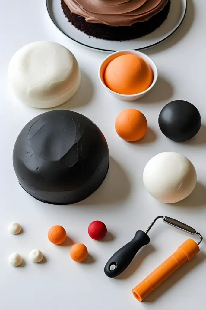A flat lay of the fondant and tools needed to decorate a Pingu cake, including black, white, and orange fondant.