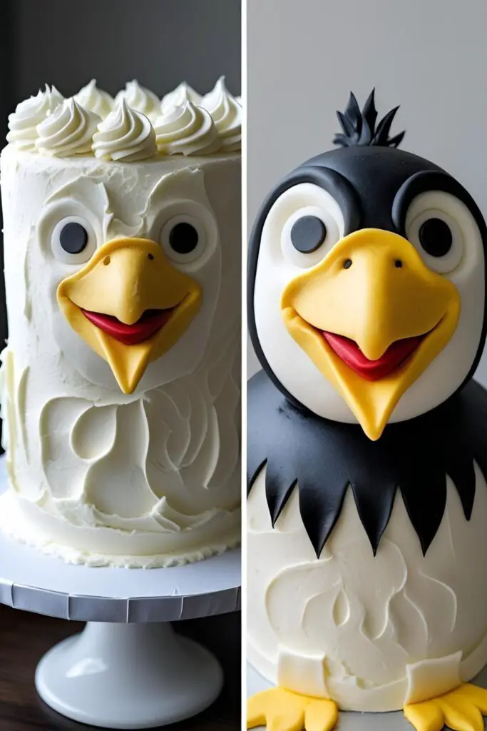 A two-panel image showing the Pingu cake covered in a crumb coat and a final close-up of the decorated face.