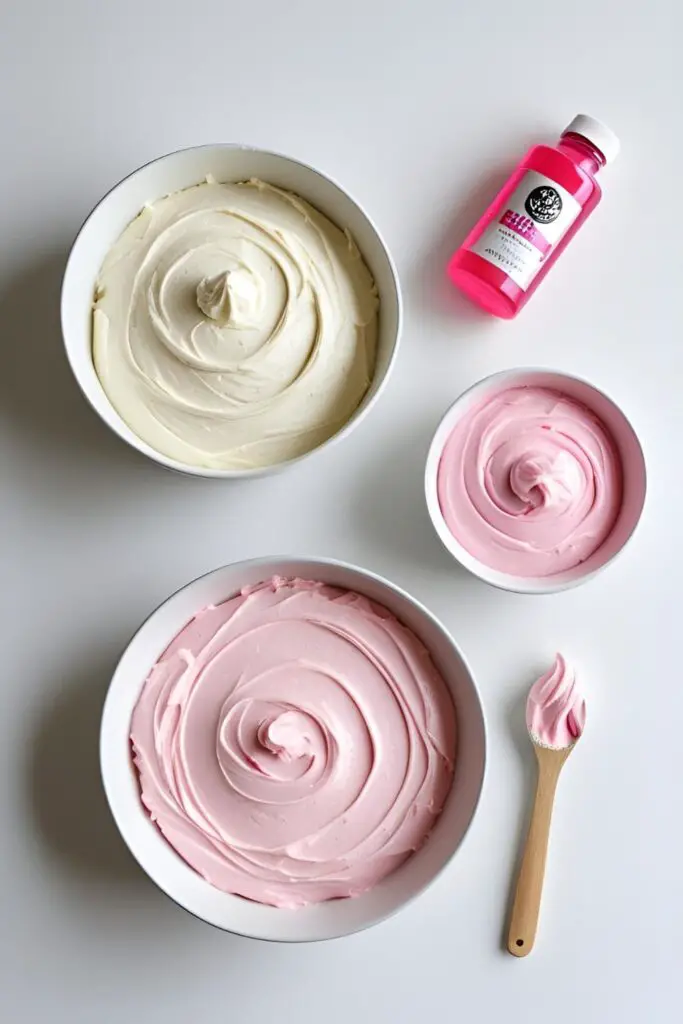 Two bowls of cake batter, one white and one pink, ready to be marbled for a pink and white cake.