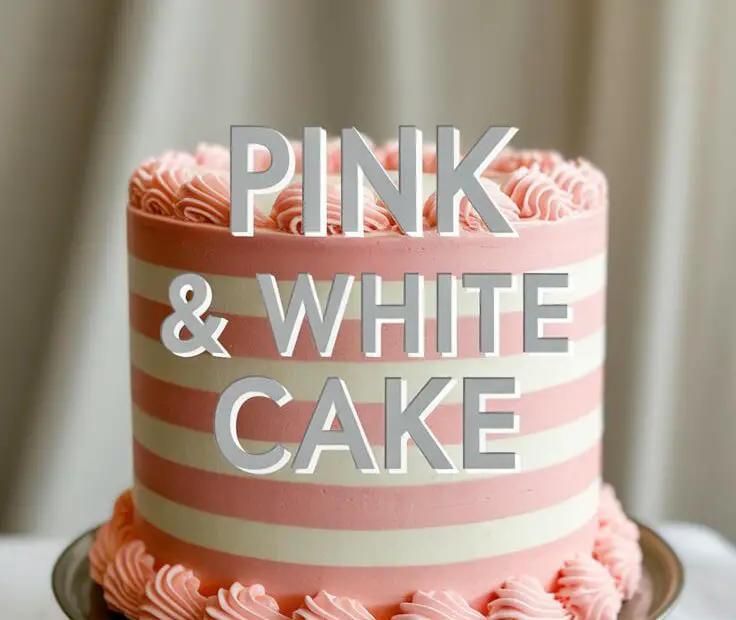 A stunning pink and white cake with a vertical striped frosting design, decorated with pink and white swirls on top.