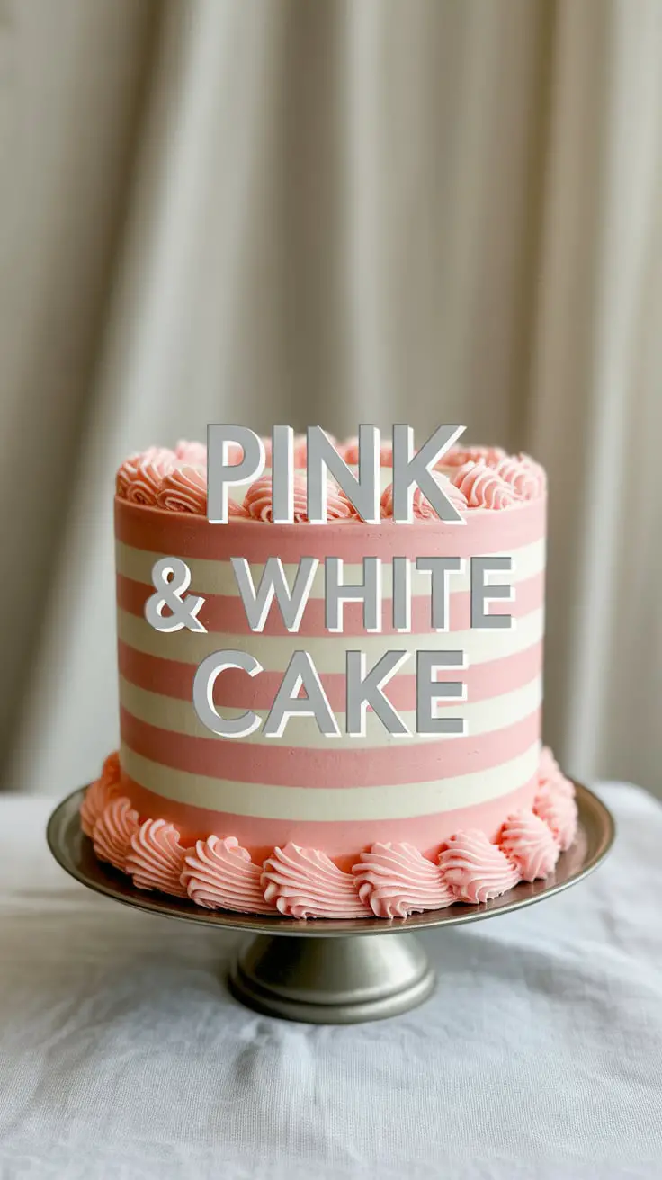 A stunning pink and white cake with a vertical striped frosting design, decorated with pink and white swirls on top.