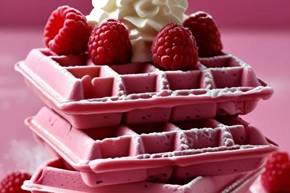 A beautiful stack of homemade pink waffles with whipped cream and berries, with the text overlay "Pretty in Pink Waffles."