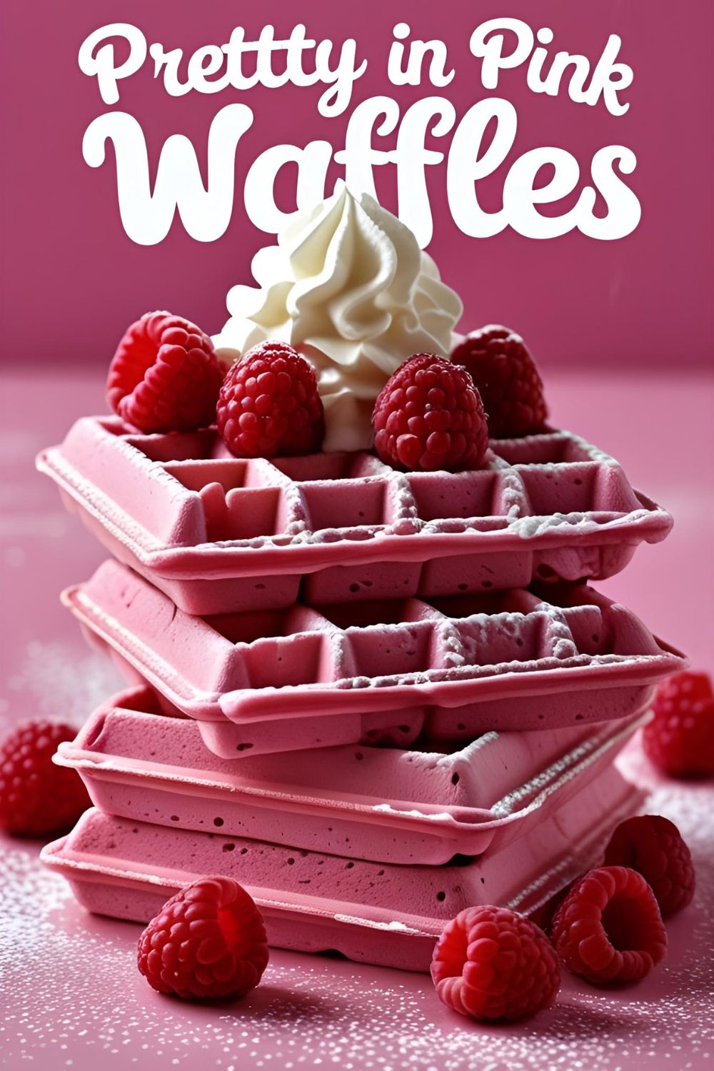 A beautiful stack of homemade pink waffles with whipped cream and berries, with the text overlay "Pretty in Pink Waffles."