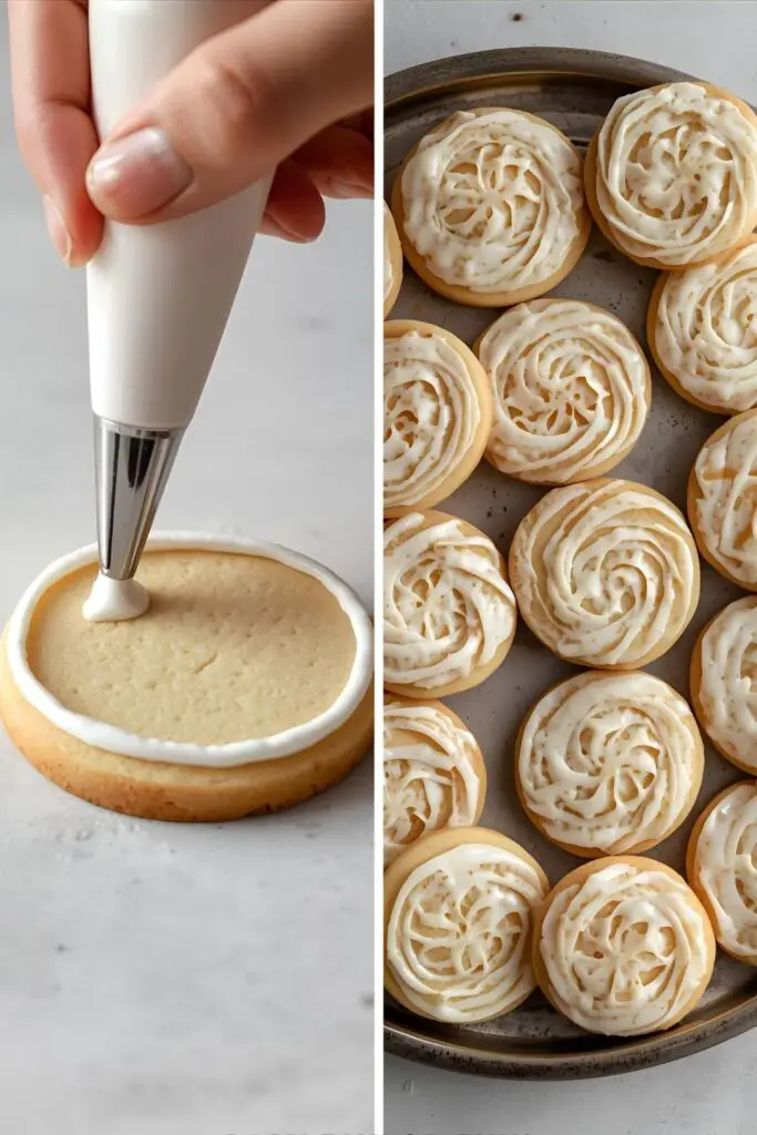 The process of decorating cookies with royal icing, from piping the outline to the beautiful finished product.
