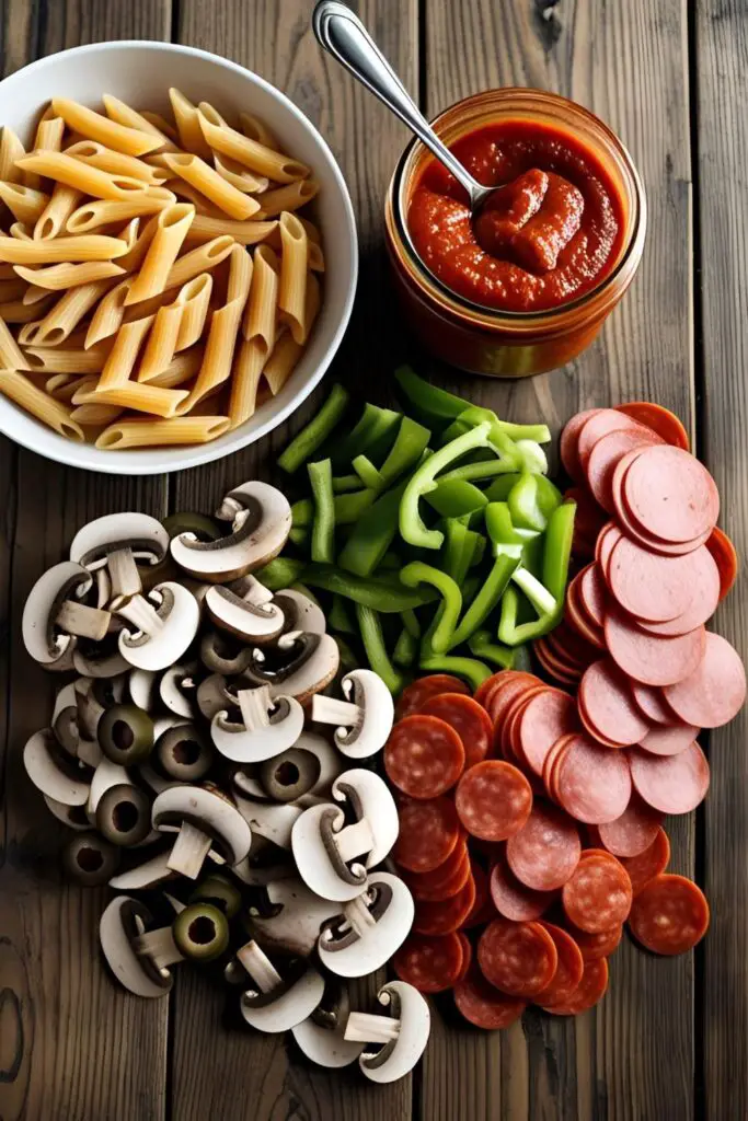 A colorful flat lay of ingredients for pizza casserole: cooked pasta, pizza sauce, pepperoni, mushrooms, bell pepper, olives, and shredded mozzarella on a rustic surface.