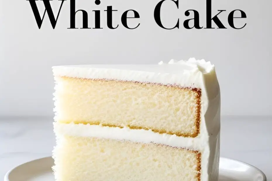 A perfect slice of plain white cake with white buttercream frosting, showing a fluffy and tender crumb.