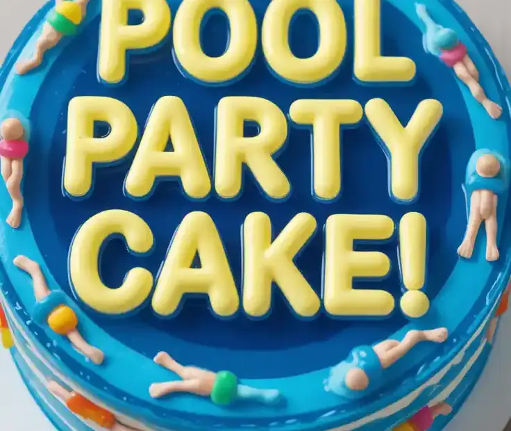 A fun and colorful pool party cake with a blue Jell-O center, gummy bear swimmers, and a crushed cookie "pool deck."