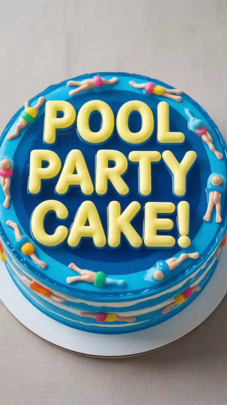 A fun and colorful pool party cake with a blue Jell-O center, gummy bear swimmers, and a crushed cookie "pool deck."