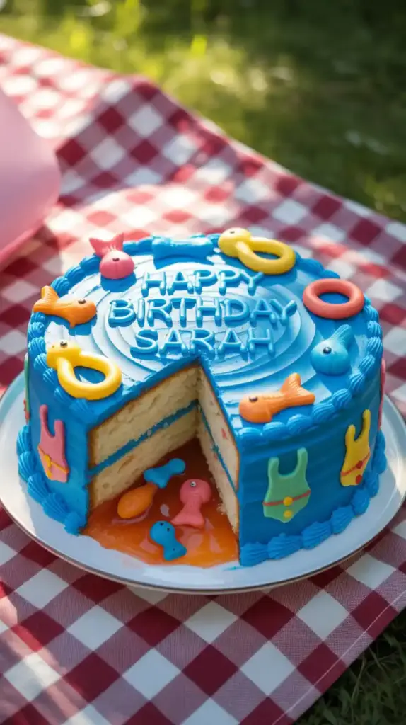  A full view of the finished pool party cake with a slice cut out to show the distinct layers of cake and Jell-O.