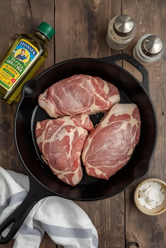 Flat lay of pork chop ingredients: raw pork chops, olive oil, butter, salt, pepper, garlic powder, and a cast iron skillet.