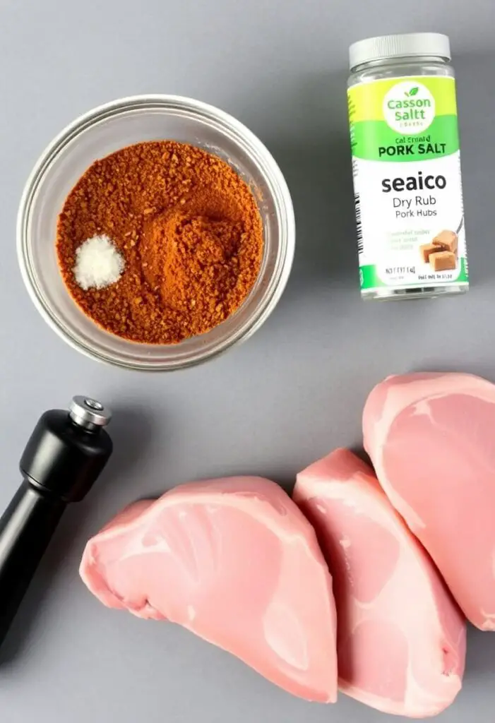 A neat flat lay collage of ingredients for seasoning pork chops: a bowl with a brown sugar and paprika-based dry rub, a container of kosher salt, a pepper mill, and raw, thick-cut pork chops.

