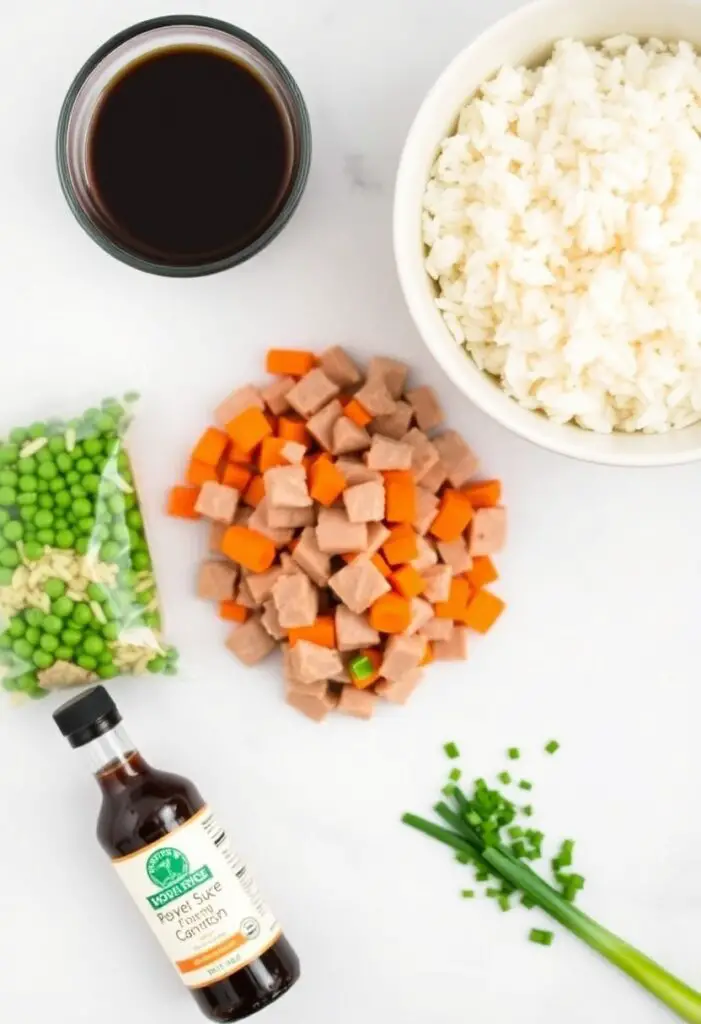 A neat flat lay collage of ingredients for pork fried rice: a bowl of cold cooked rice, diced cooked pork tenderloin, frozen peas and carrots, a bottle of soy sauce, and a chopped green onion.