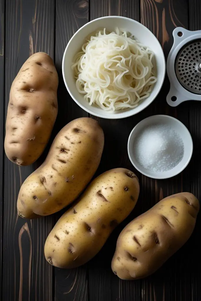 "Ingredients for homemade potato noodles—Russet potatoes, potato starch, and salt—artfully arranged on a wooden board with a potato ricer."