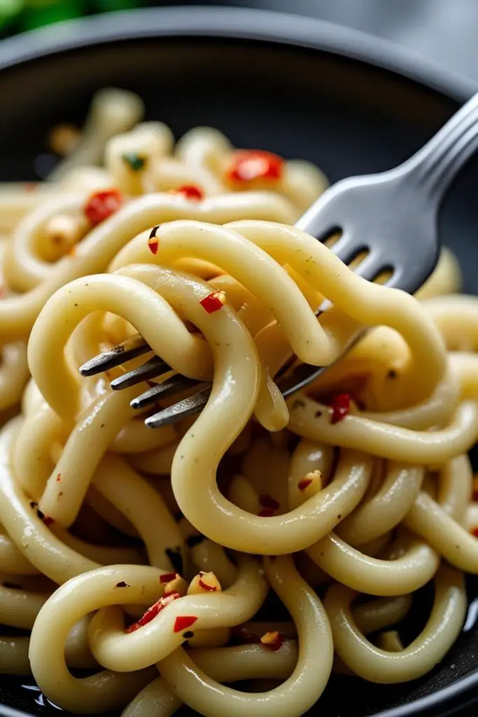 "A close-up macro photo highlighting the chewy, pillowy texture of homemade potato noodles on a fork."