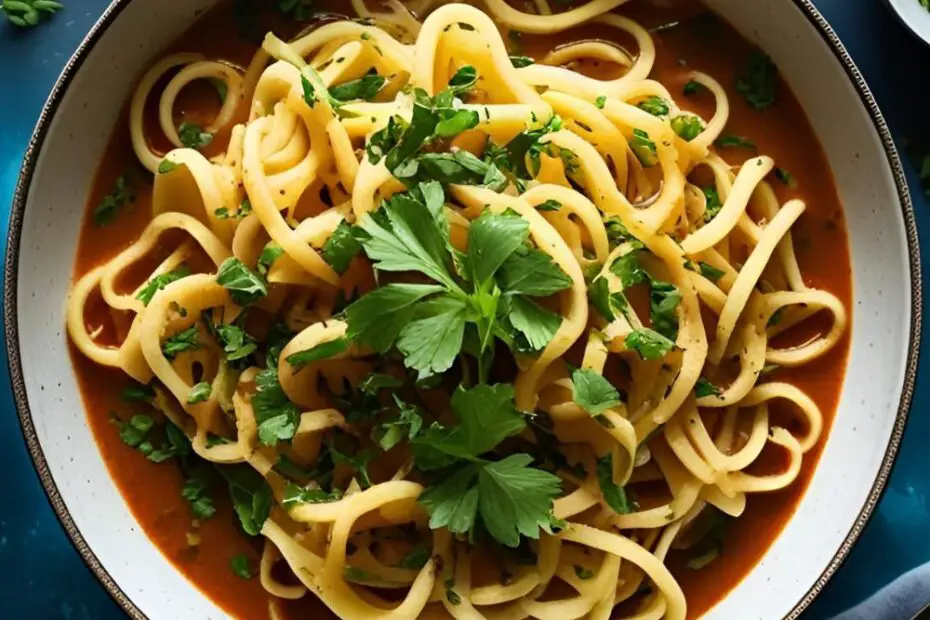 "Ingredients for homemade potato noodles—Russet potatoes, potato starch, and salt—artfully arranged on a wooden board with a potato ricer."