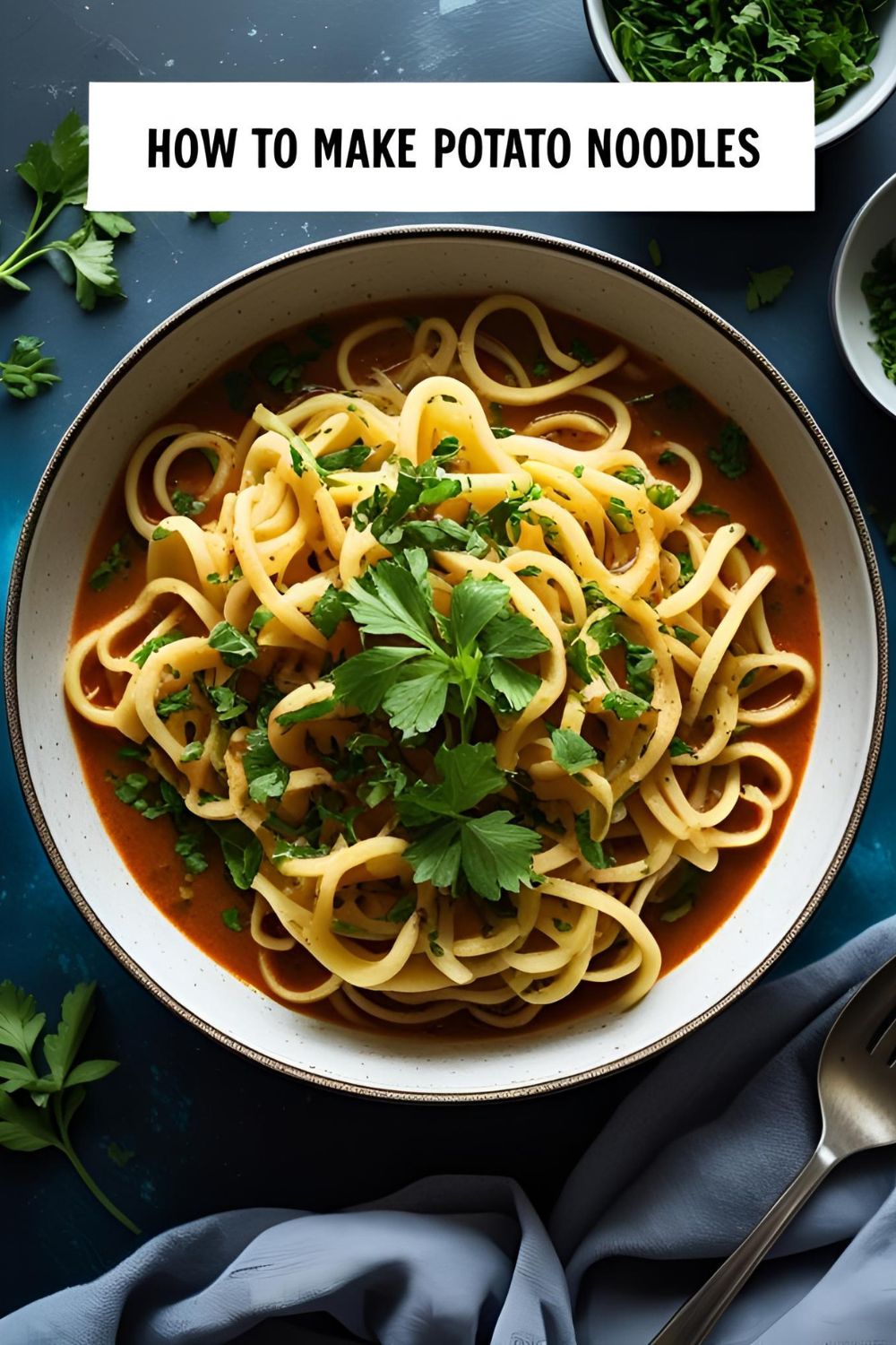 "Ingredients for homemade potato noodles—Russet potatoes, potato starch, and salt—artfully arranged on a wooden board with a potato ricer."