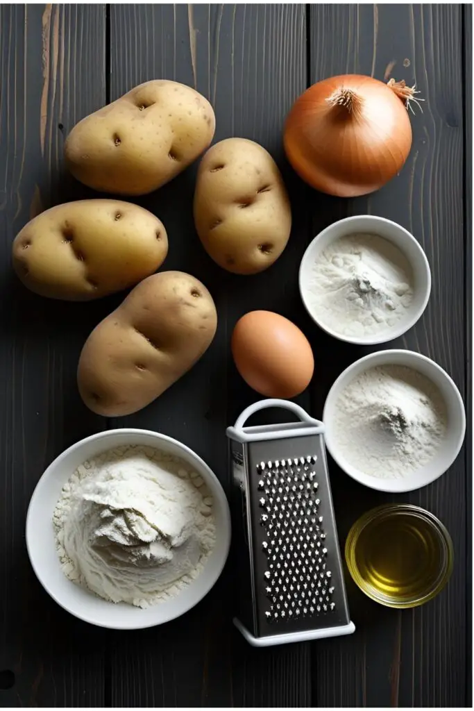 A flat lay of the ingredients for potato pancakes, including Russet potatoes, an onion, egg, flour, and a box grater.