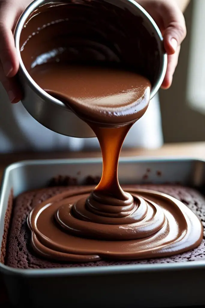 The step of pouring warm chocolate frosting over a freshly baked chocolate sheet cake for a perfect finish.