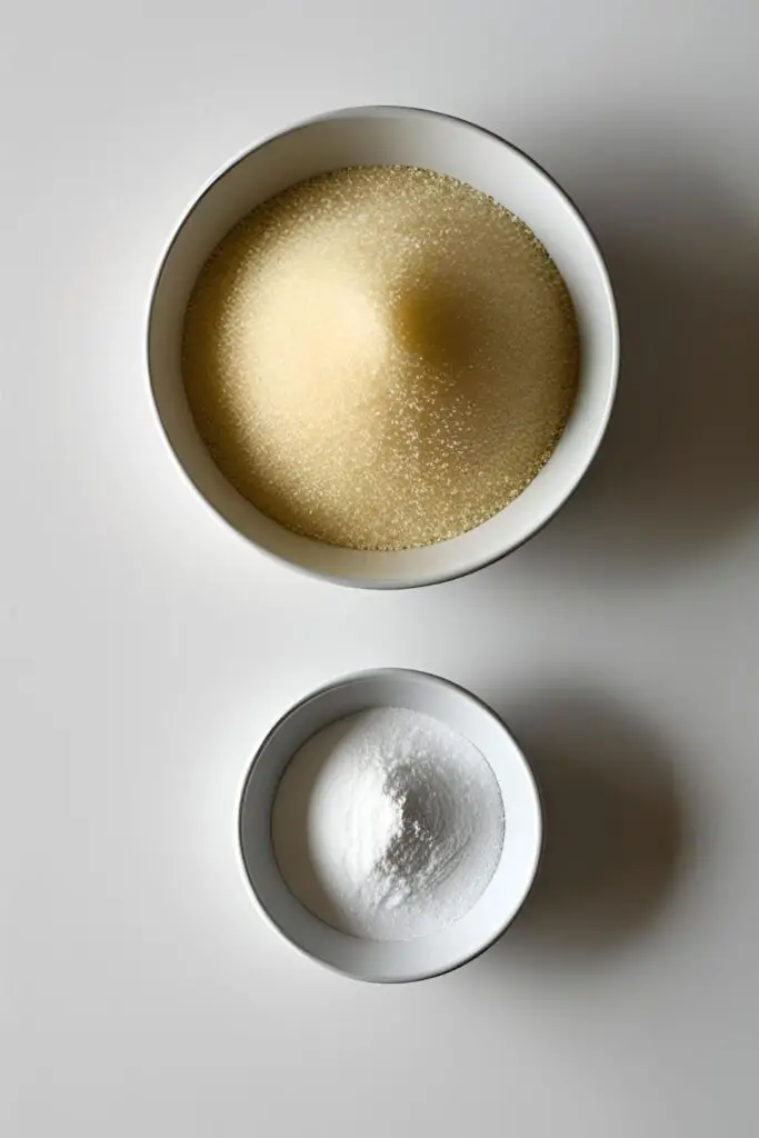 The two simple ingredients for making homemade powdered sugar: a bowl of granulated sugar and a small bowl of cornstarch.

